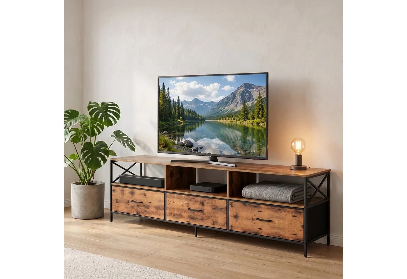 relaxdays TV Lowboard Industrial Schwarz mit Stauraum