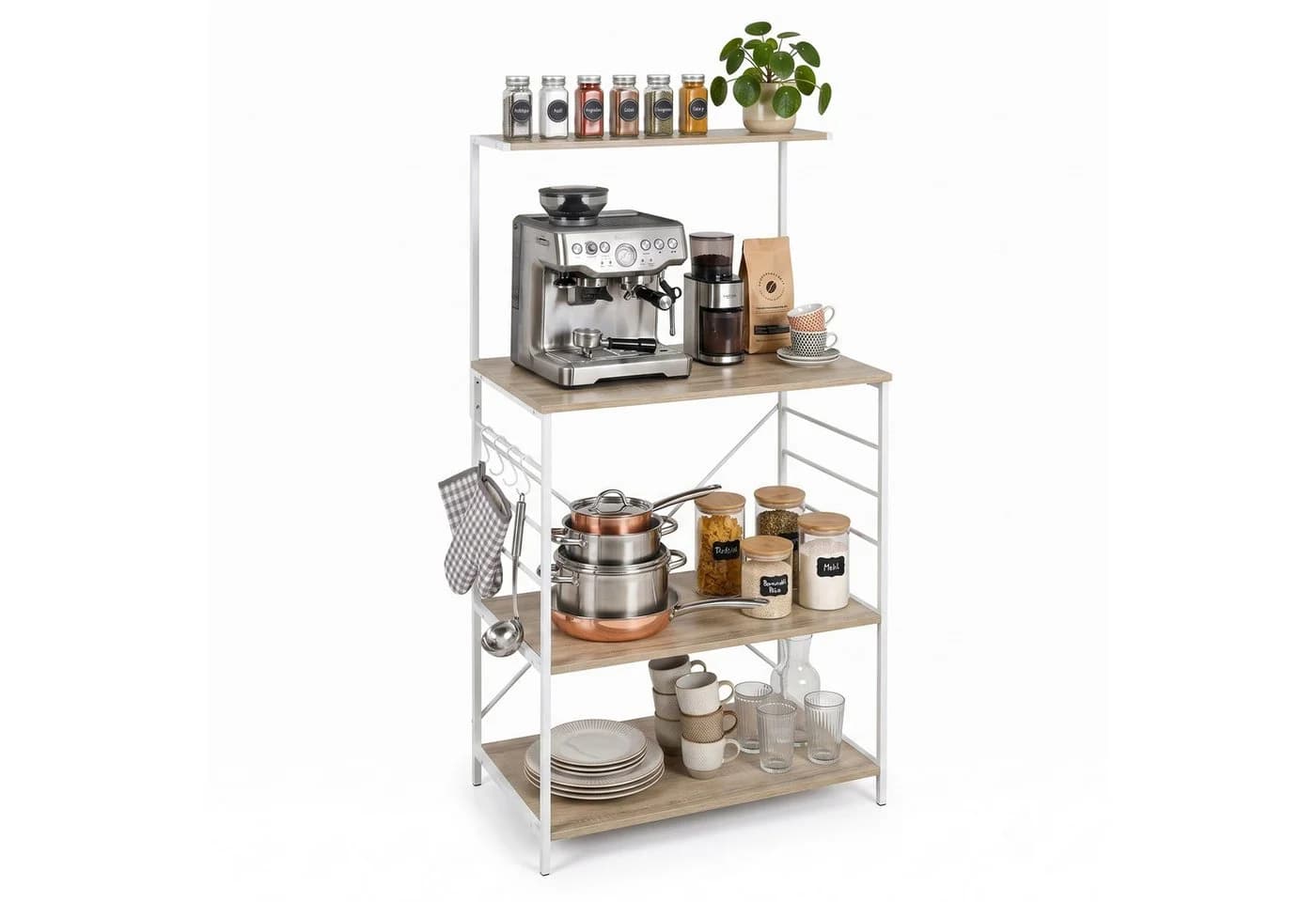 relaxdays Küchenregal mit 4 Ablagen & 4 Haken, Holzoptik-Weiß - Bild 2