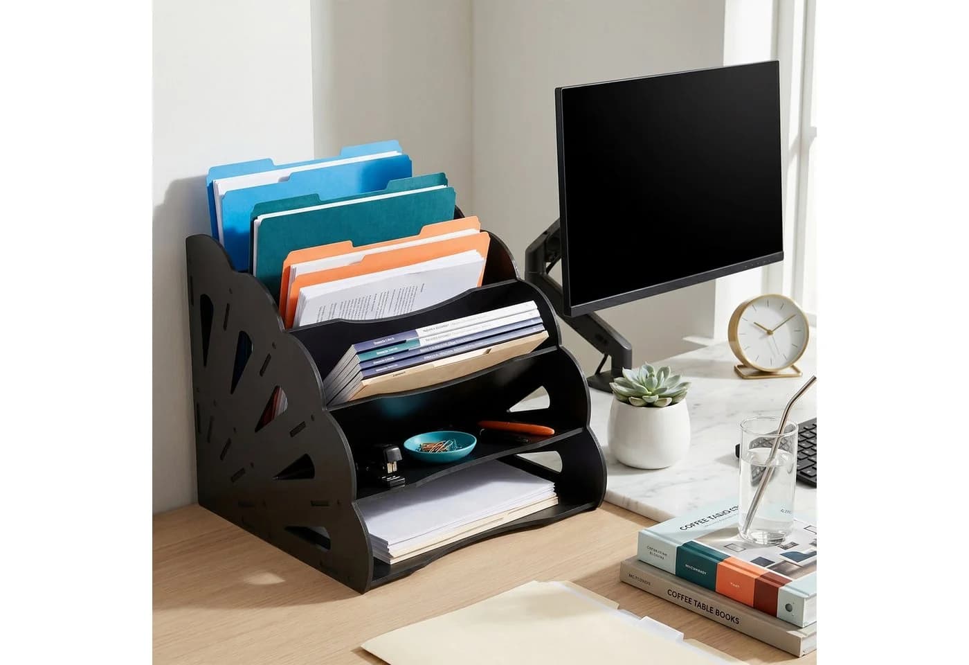 relaxdays Briefablage 5 Fächer Schwarz MDF