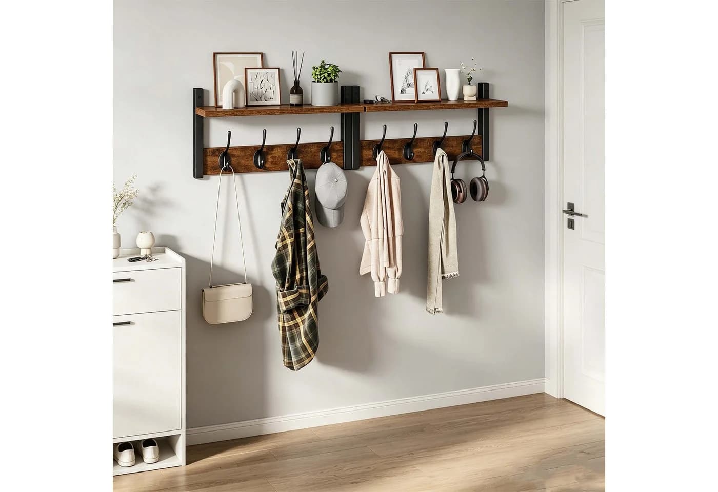 relaxdays Wandgarderobe 2er Set Vintagebraun mit 8 Haken