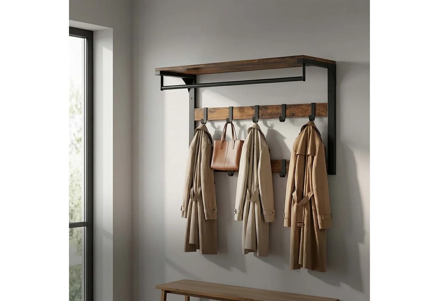 relaxdays Wandgarderobe 3 in 1 Eiche-Weiß mit 10 Haken - Bild 5