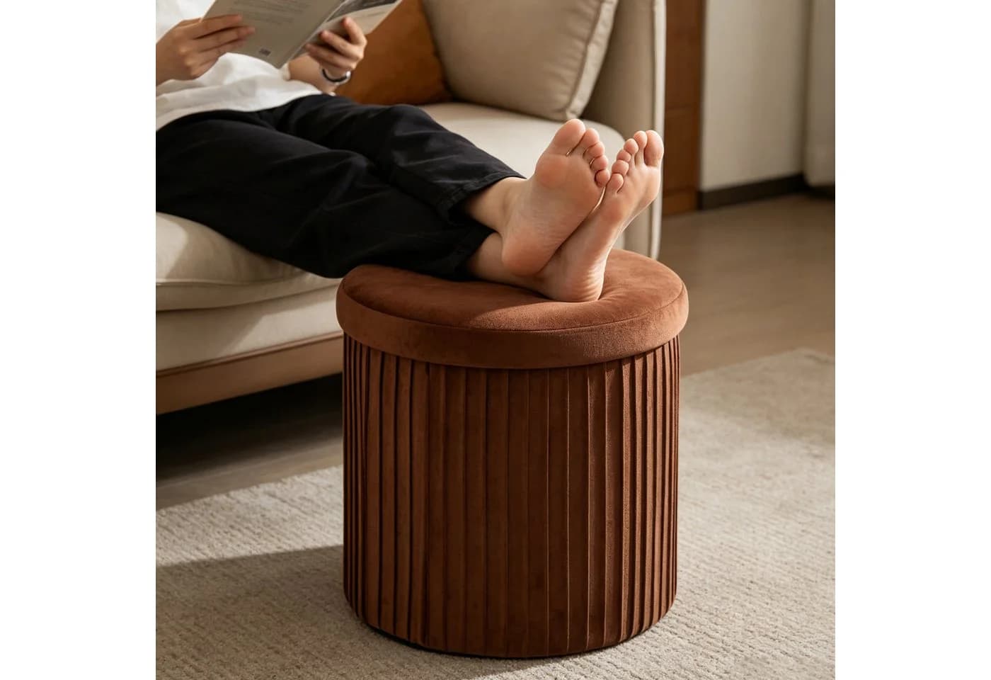 relaxdays Stauraumhocker Samt Mocha Mousse mit Staufach - Bild 3