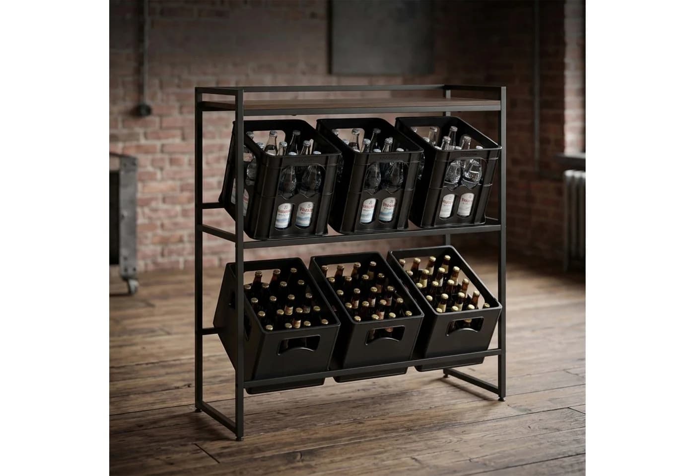 relaxdays Getränkekistenregal Industrial Design Metall MDF Braun Schwarz