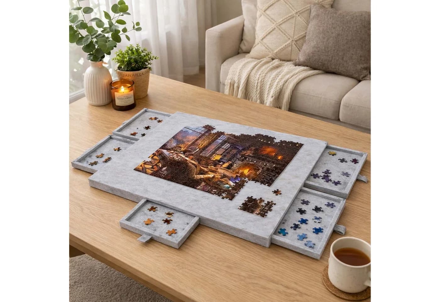 relaxdays Puzzle-Sortierschale Filz 6 Schubladen Hellgrau