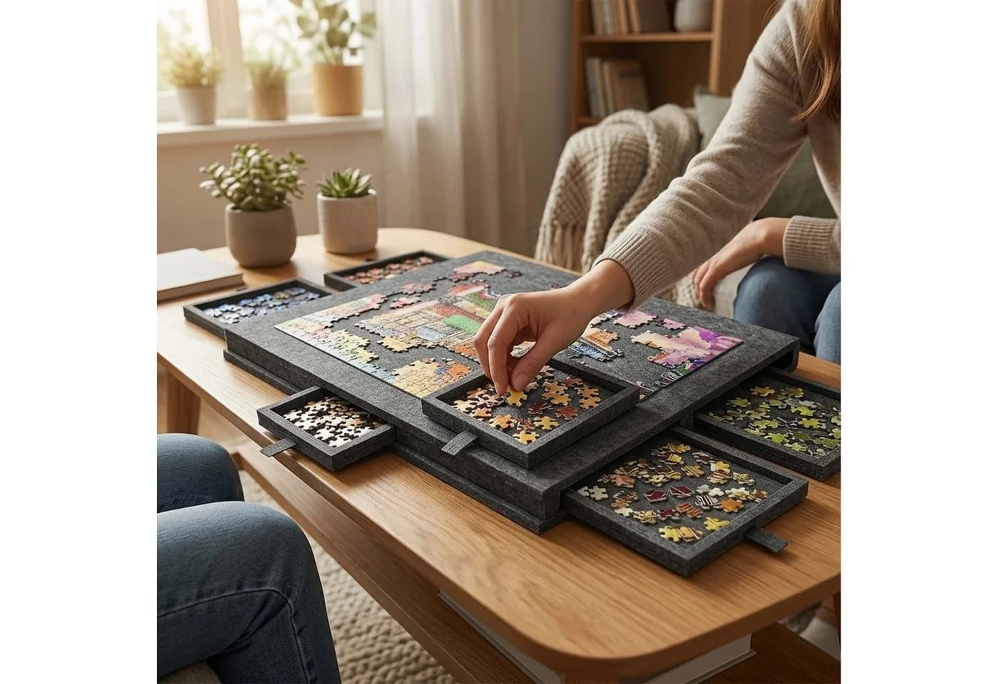 relaxdays Puzzle-Sortierschale Filz 6 Schubladen Hellgrau - Bild 3