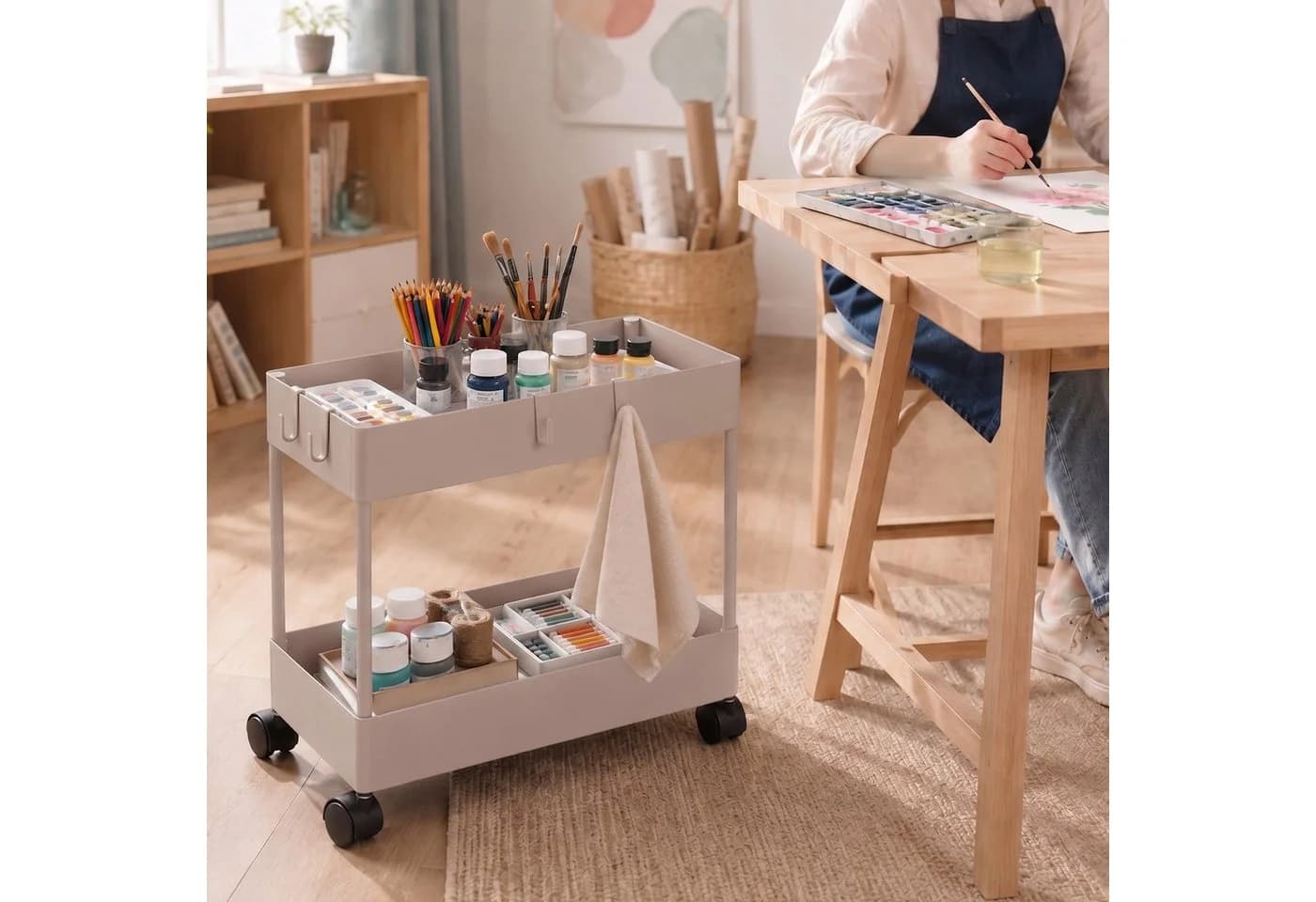relaxdays Rollwagen mit 2 Ebenen Beige Kunststoff