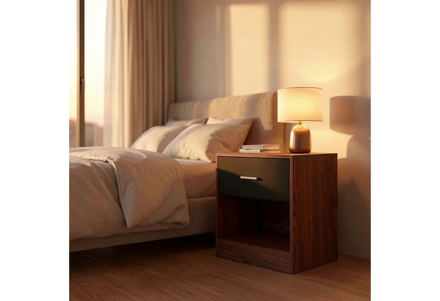 relaxdays Nachtschrank mit Schublade Braun-Schwarz
