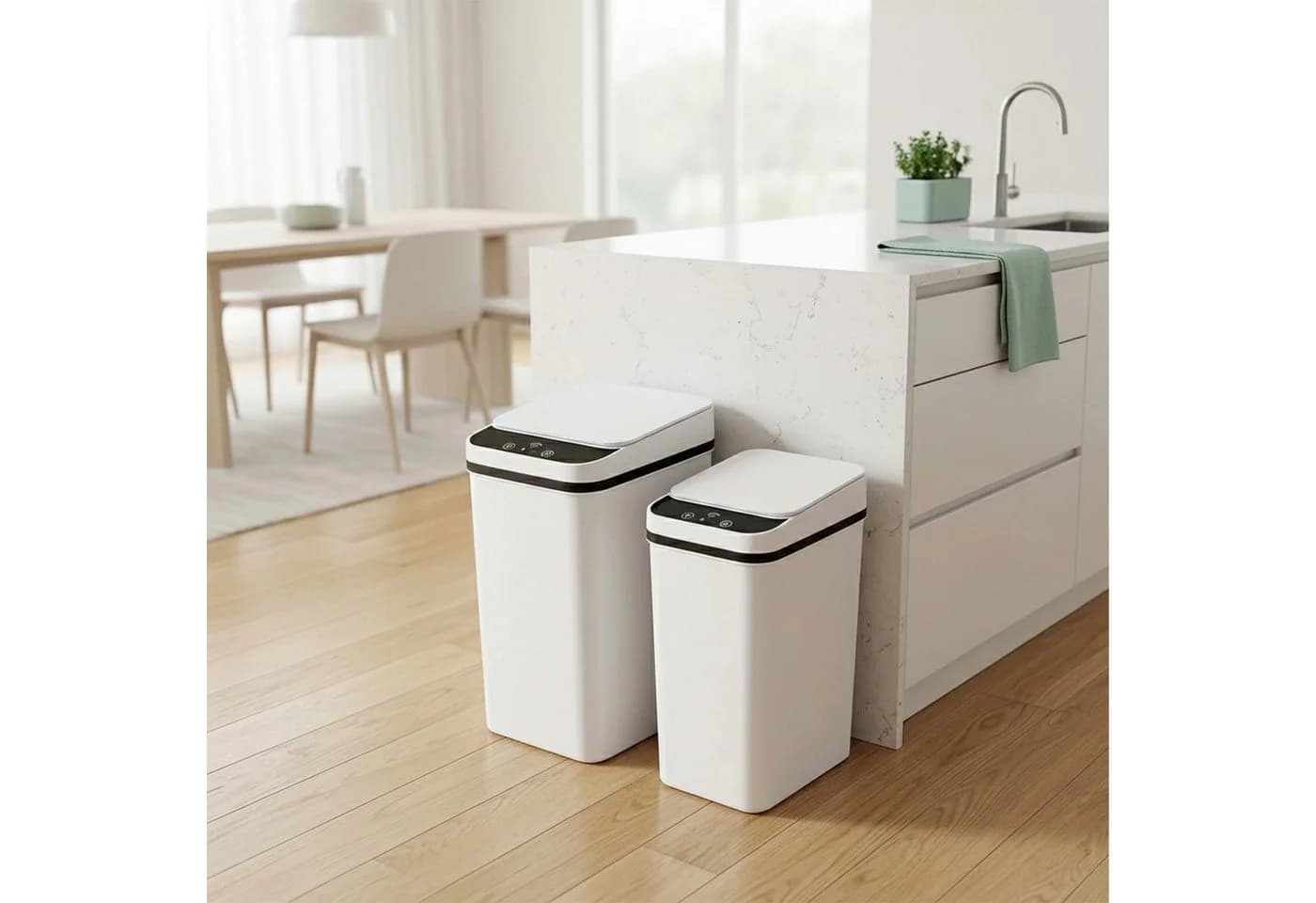 relaxdays Mülleimer 9L & 15L mit Sensor 2er-Set Weiß
