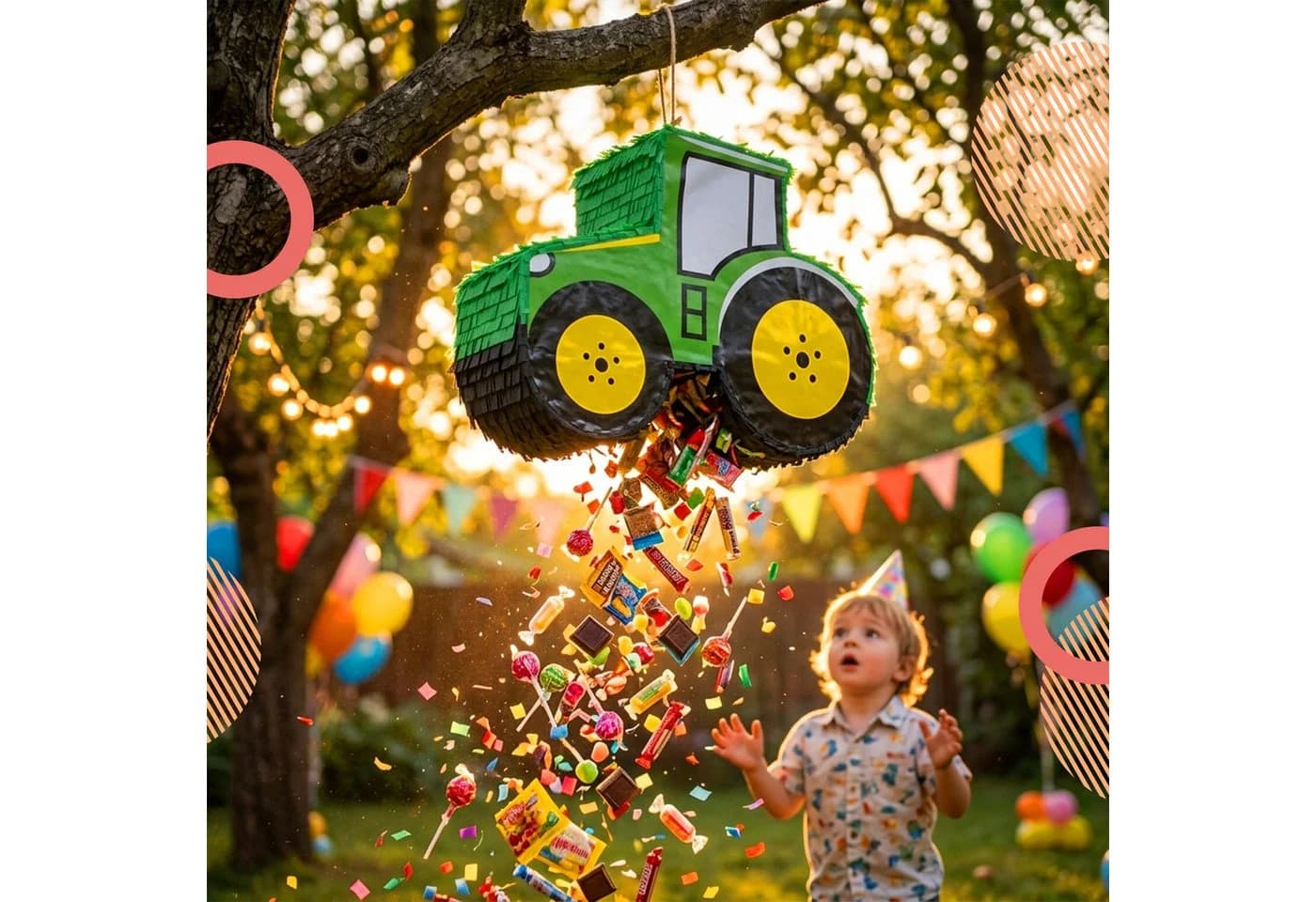 relaxdays Pinata Traktor mit Stab & Maske Grün-Gelb