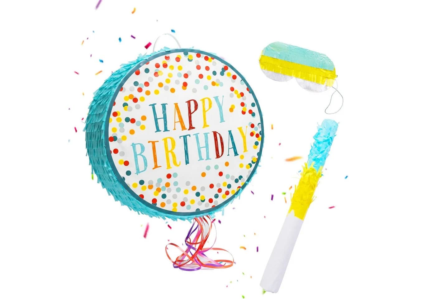 relaxdays Pinata Set 3-teilig mit Stock und Maske, Happy Birthday blau - Bild 2