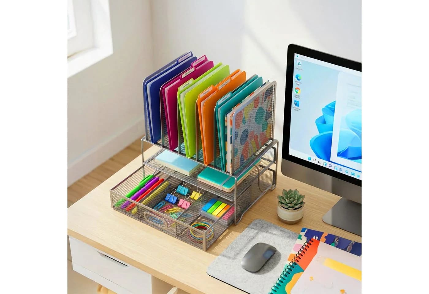 relaxdays Schreibtisch Organizer mit Schublade und 6 Fächern, silber - Bild 3