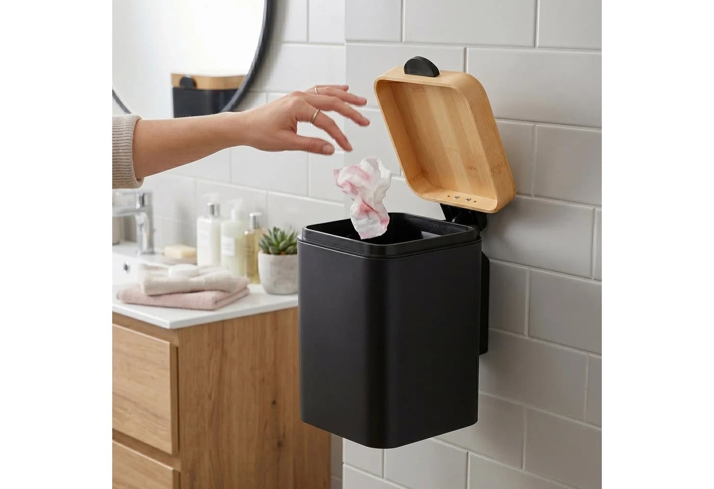 relaxdays Kosmetikeimer Wandmontage 3 Liter Schwarz Bambus