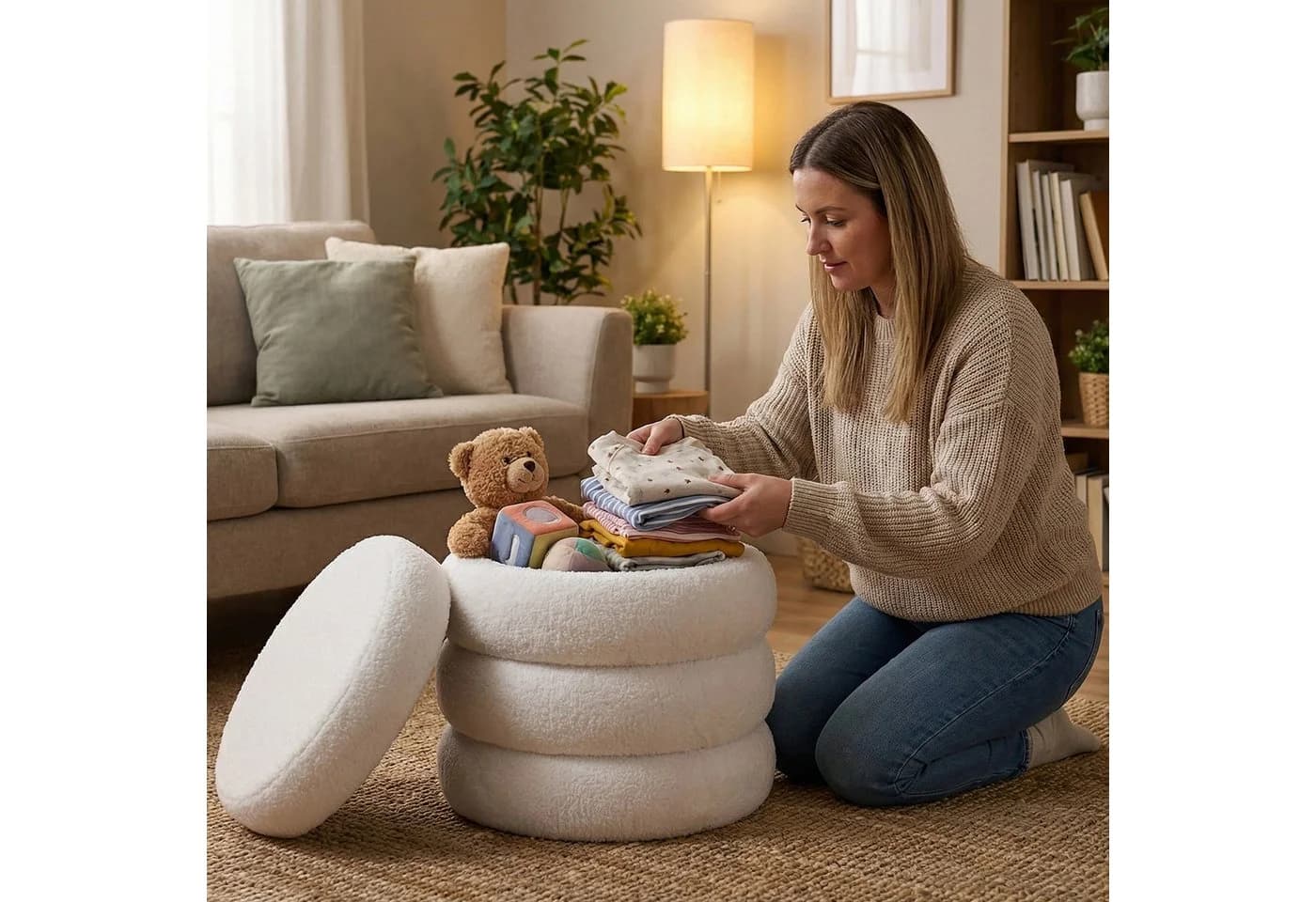 relaxdays Stauraumhocker Teddyfell Hocker Weiß