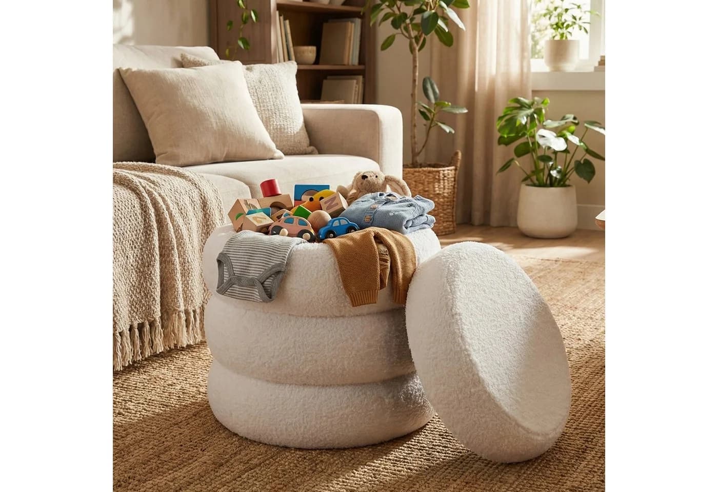 relaxdays Stauraumhocker Teddyfell Creme