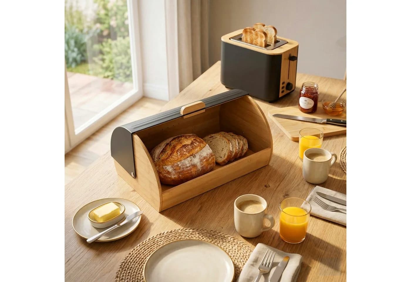 relaxdays Brotkasten Bambus mit Klappdeckel Schwarz