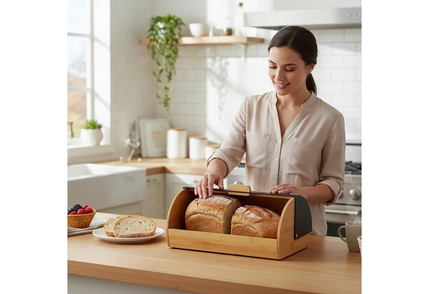 relaxdays Brotkasten Bambus mit Klappdeckel Schwarz - Bild 3
