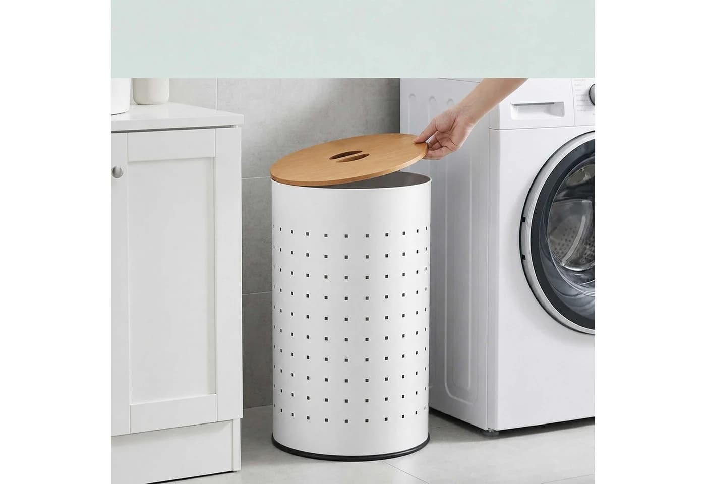 relaxdays Wäschekorb mit Deckel 50L Weiß Holzoptik