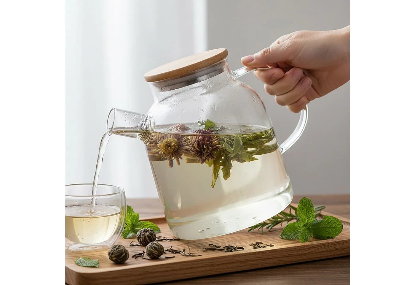 relaxdays Teekanne Glas mit Bambusdeckel 1,8 Liter Transparent - Bild 3