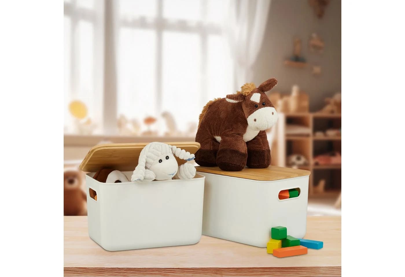 relaxdays Aufbewahrungsbox mit Bambusdeckel im Set, weiß, 2er-Pack