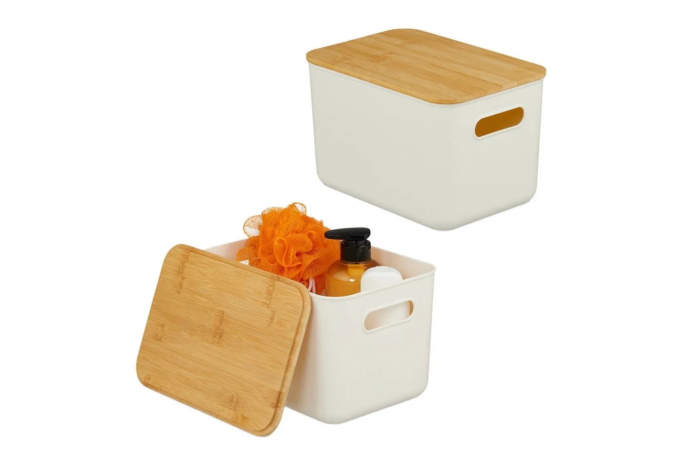 relaxdays Aufbewahrungsbox mit Bambusdeckel im Set, weiß, 2er-Pack - Bild 2