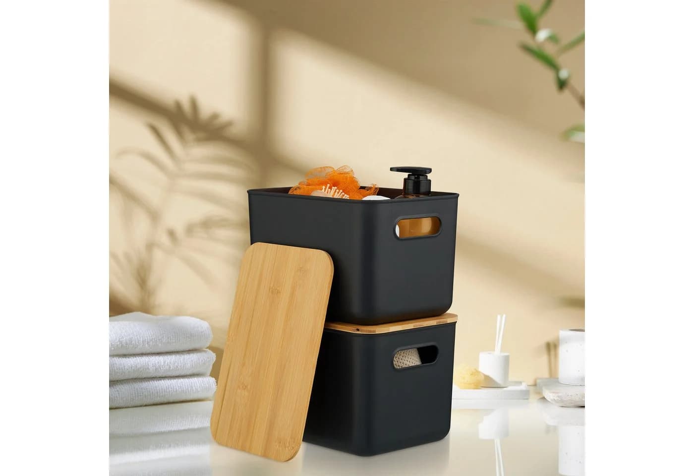 relaxdays Aufbewahrungsbox mit Bambusdeckel im Set, weiß, 2er-Pack - Bild 3
