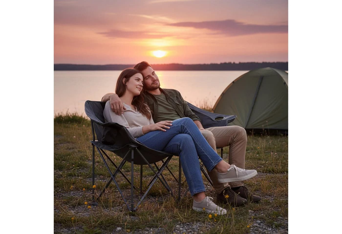 relaxdays Campingbank 2-Sitzer Grau Klappbar mit Getränkehalter
