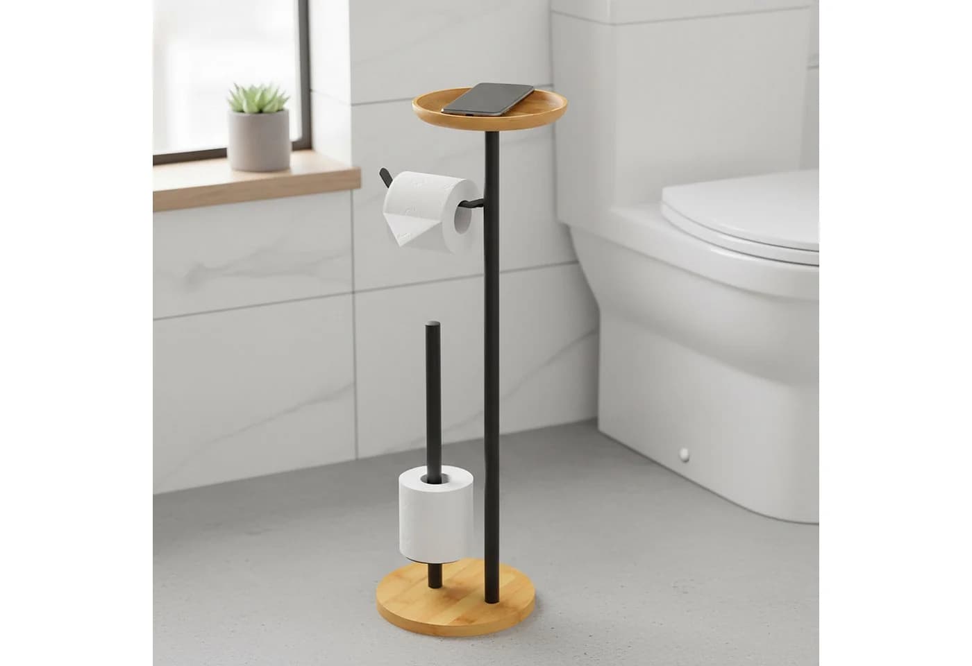 relaxdays Toilettenpapierhalter mit Ablage Schwarz/Braun Bambus Metall - Bild 3