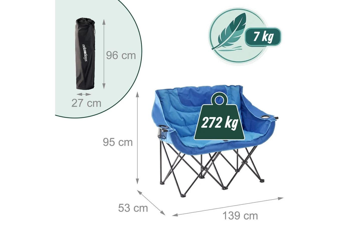relaxdays Campingstuhl Faltbare Camping Bank für 2 Personen blau - Bild 4