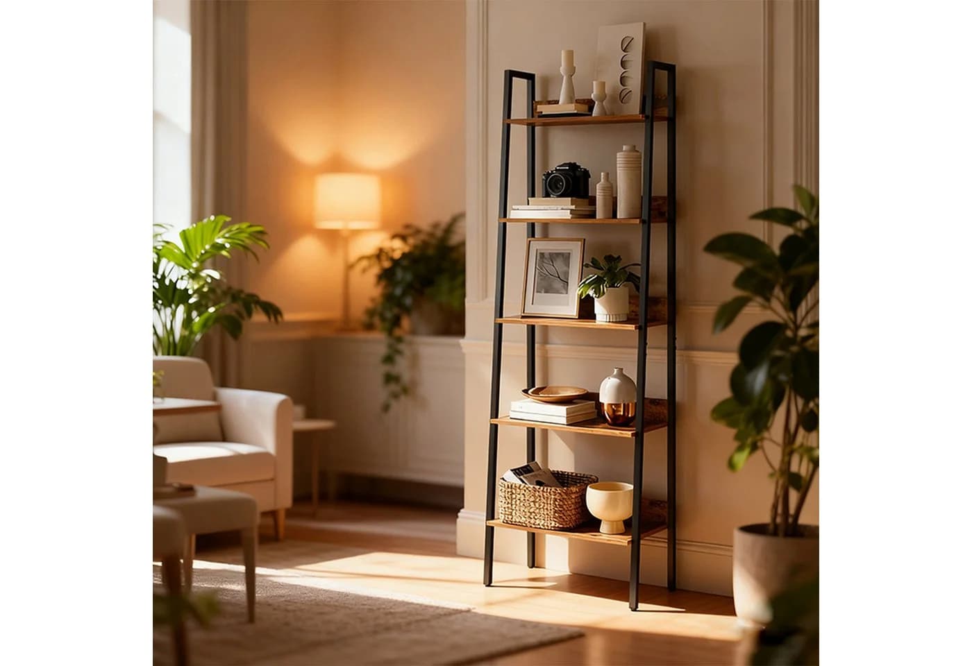relaxdays Leiterregal Standregal 5 Ablagen Vintagebraun