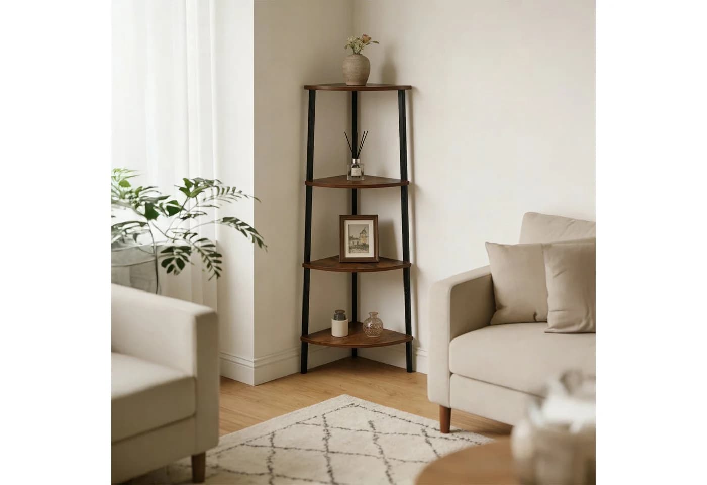 relaxdays Eckregal 4 Ebenen Vintagebraun Metall Holzoptik