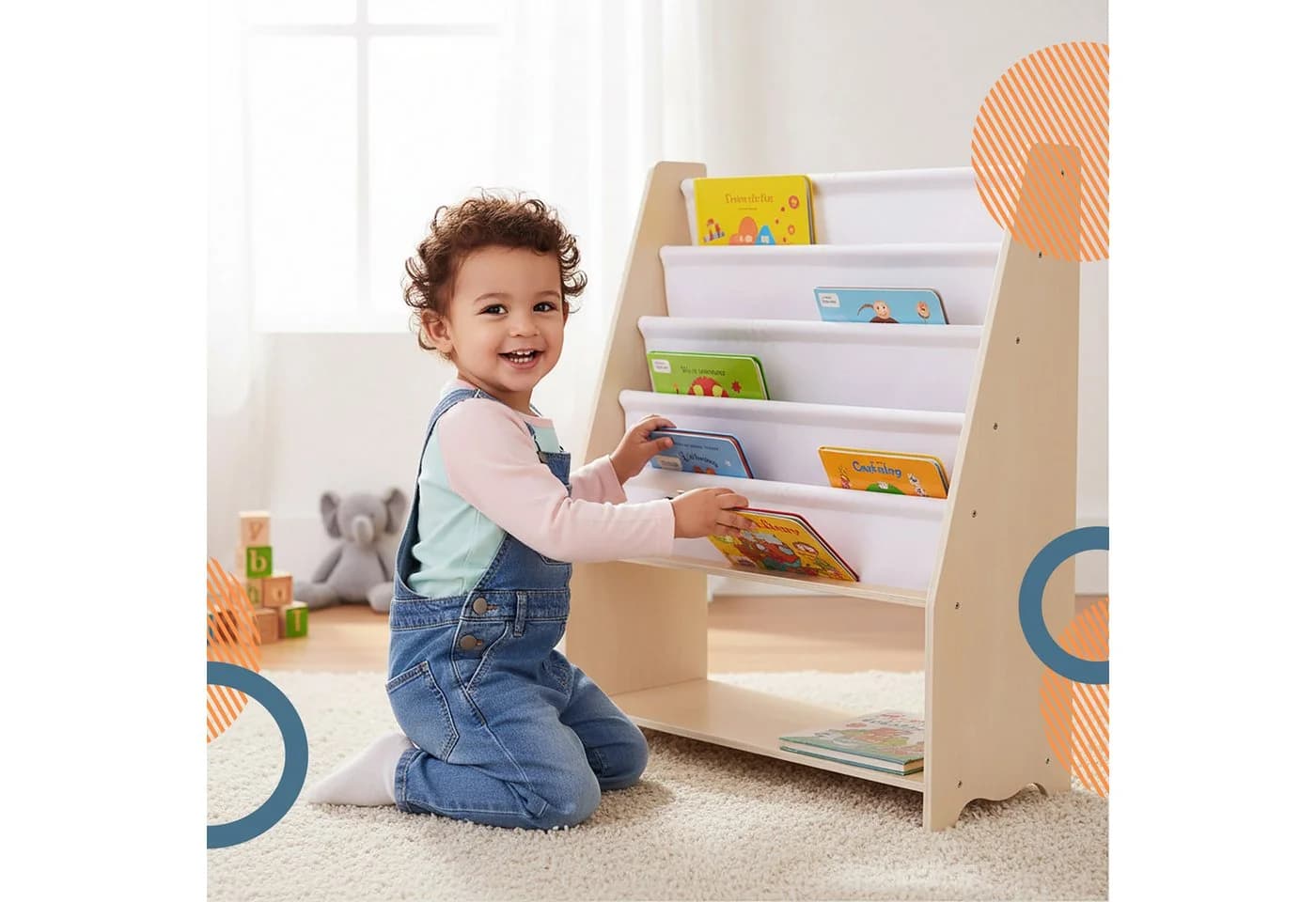 relaxdays Kinderregal mit 4 Stofftaschen Weiß/Natur