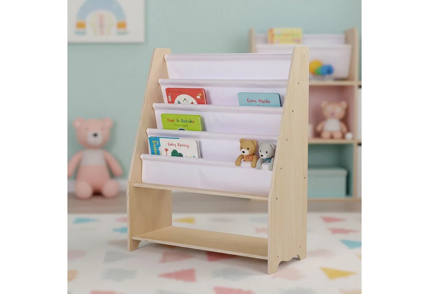 relaxdays Kinderregal mit 4 Stofftaschen Weiß/Natur - Bild 5