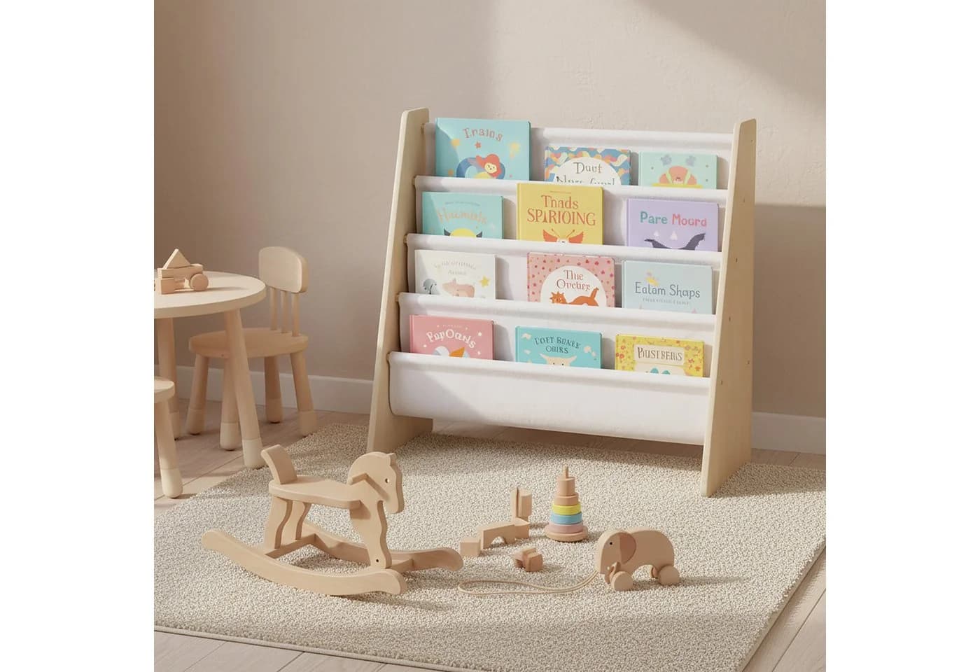 relaxdays Kinderregal mit 4 Stofftaschen Weiß/Natur - Bild 5