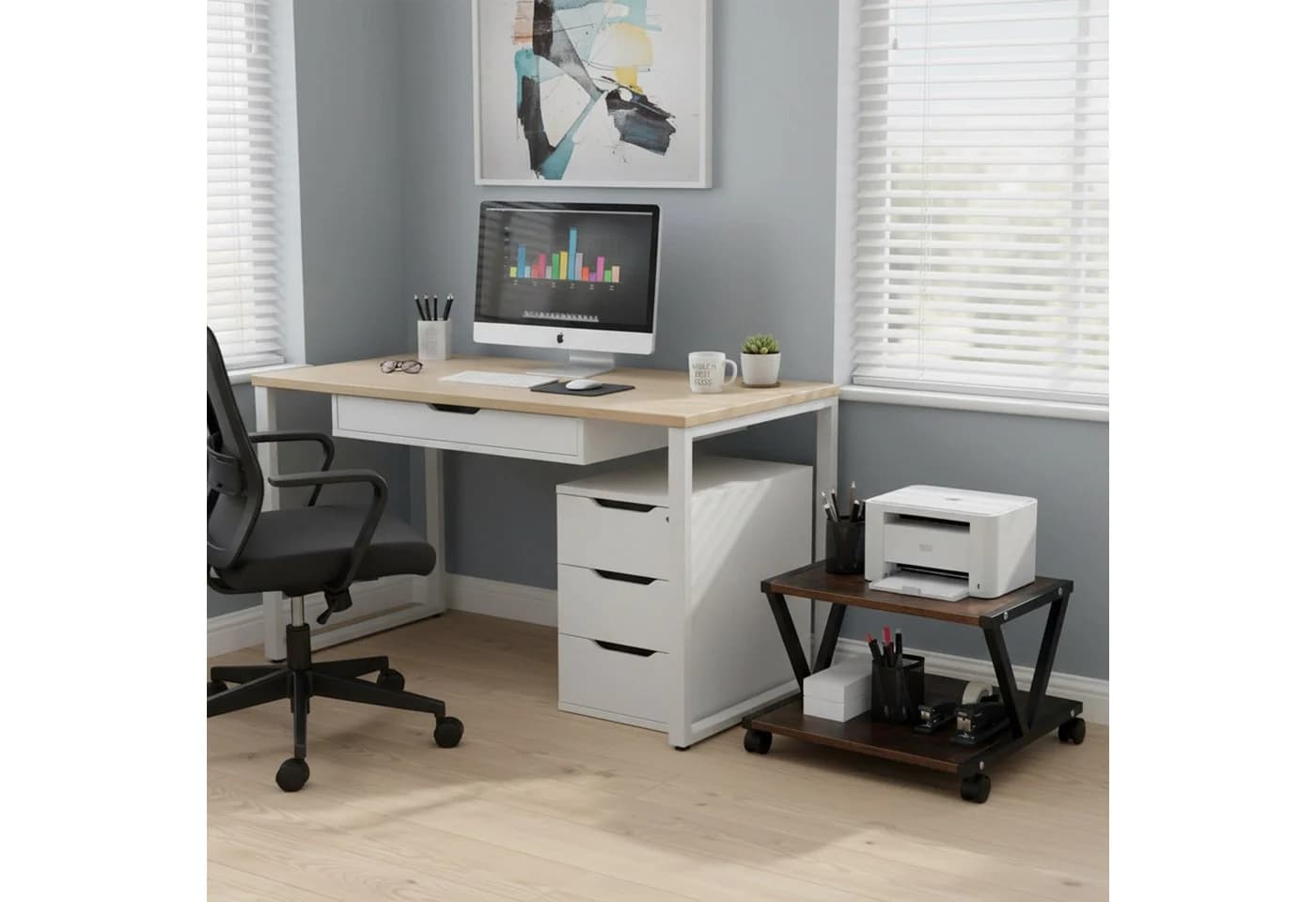 relaxdays Druckertisch mit Rollen Industrial-Schwarz