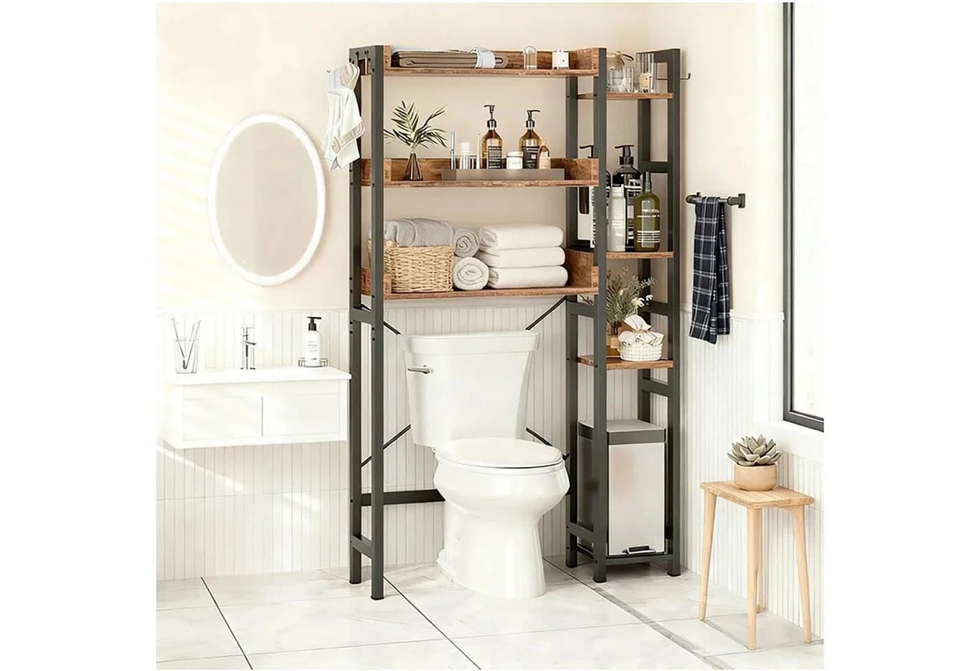 relaxdays Toilettenregal 3 Ebenen mit Seitenablage Vintagebraun