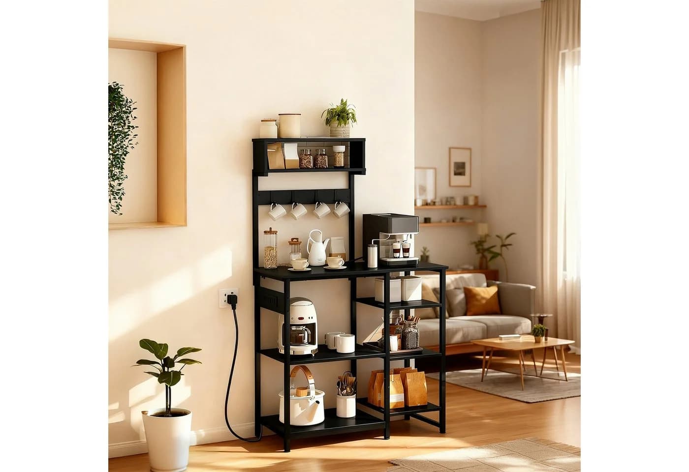 relaxdays Küchenregal Schwarz mit Steckdose & USB, 4 Ablagen