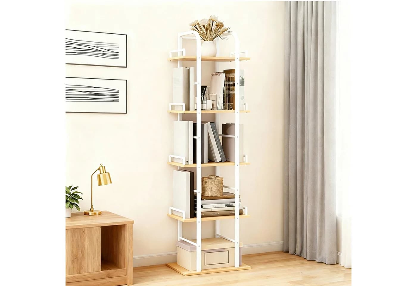 relaxdays Standregal 5 Ebenen Weiß Holzoptik Metall