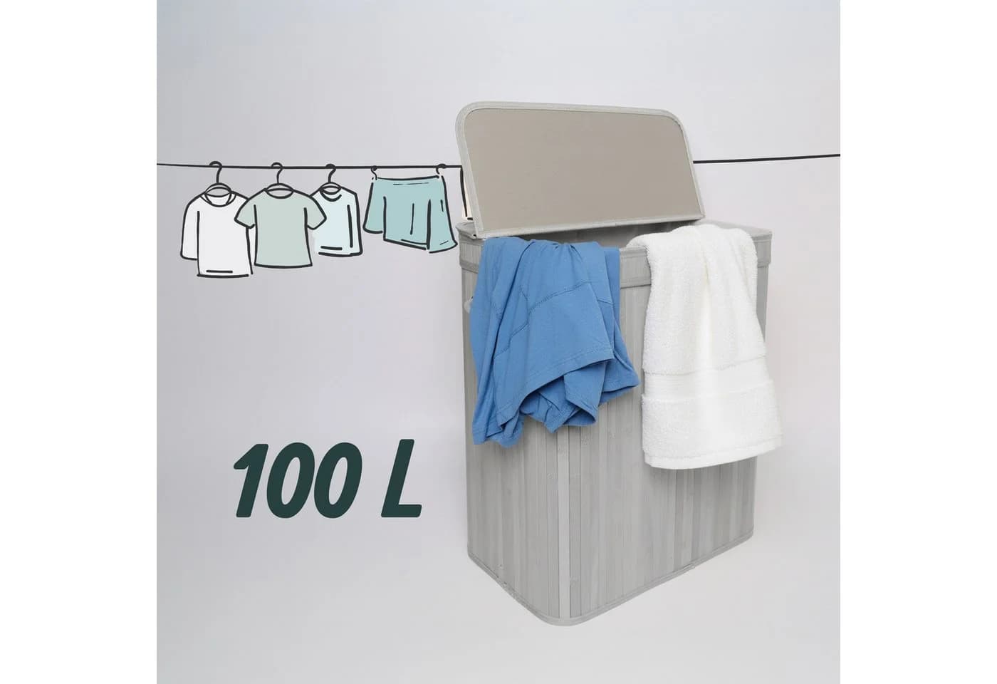 relaxdays Wäschekorb Bambus mit Deckel Grau 100L - Bild 5