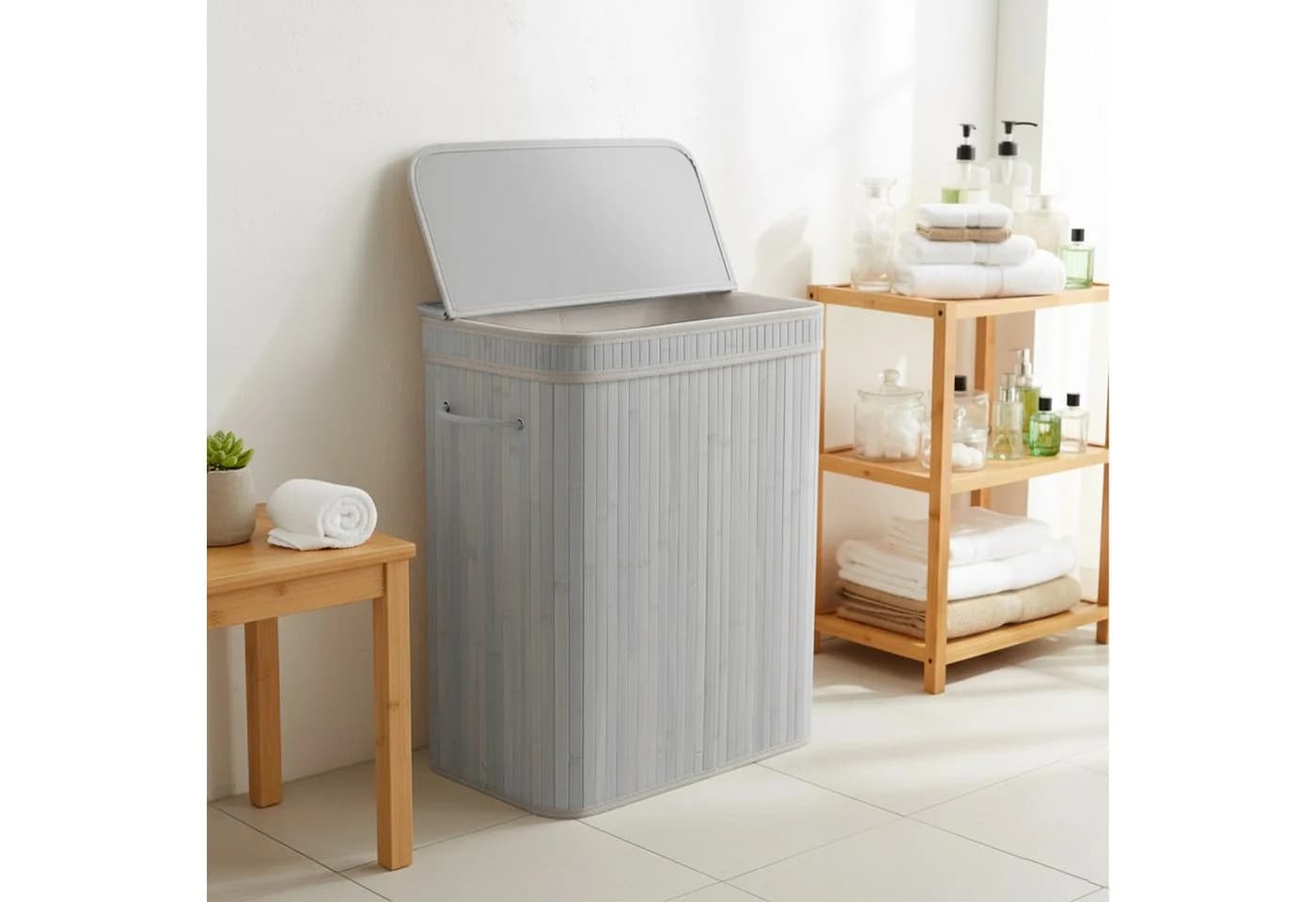 relaxdays Wäschekorb Bambus mit Deckel grau 72L faltbar - Bild 3