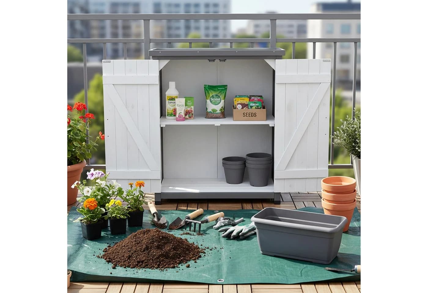 relaxdays Pflanztisch mit Unterschrank Weiß-Grau - Bild 3