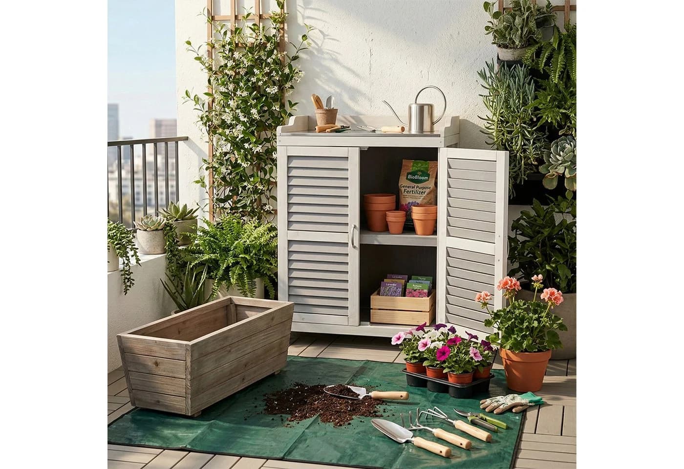 relaxdays Pflanztisch mit Unterschrank Grau-Weiß - Bild 3
