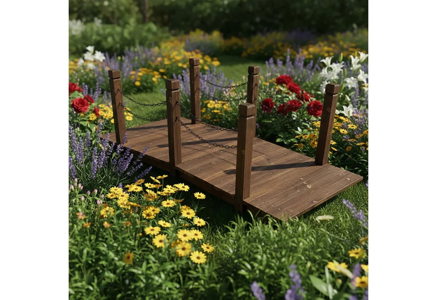 relaxdays Zierbrücke Garten Brücke mit Ketten Braun