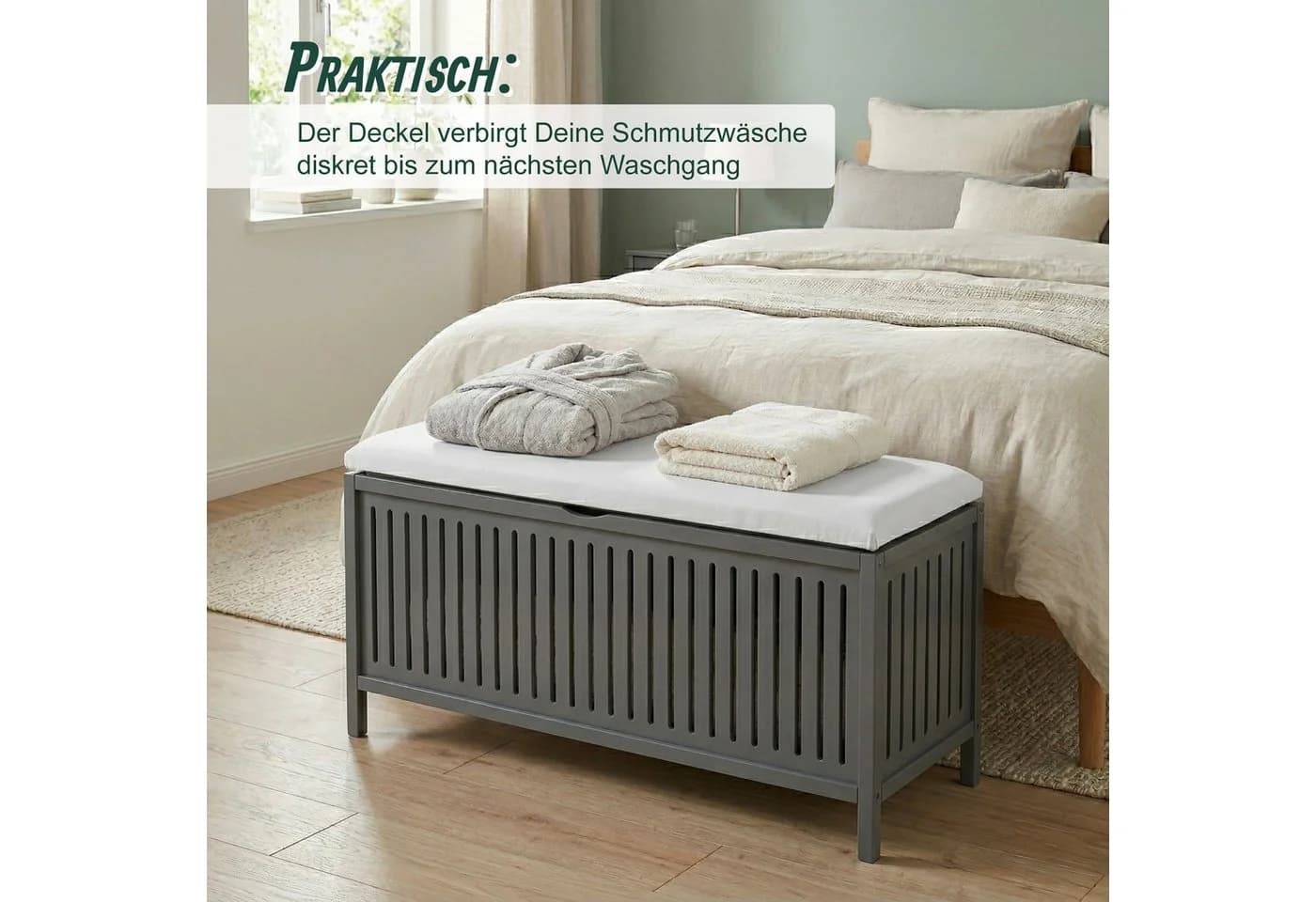 relaxdays Wäschekorb zum Sitzen Walnussholz Grau-Weiß - Bild 3