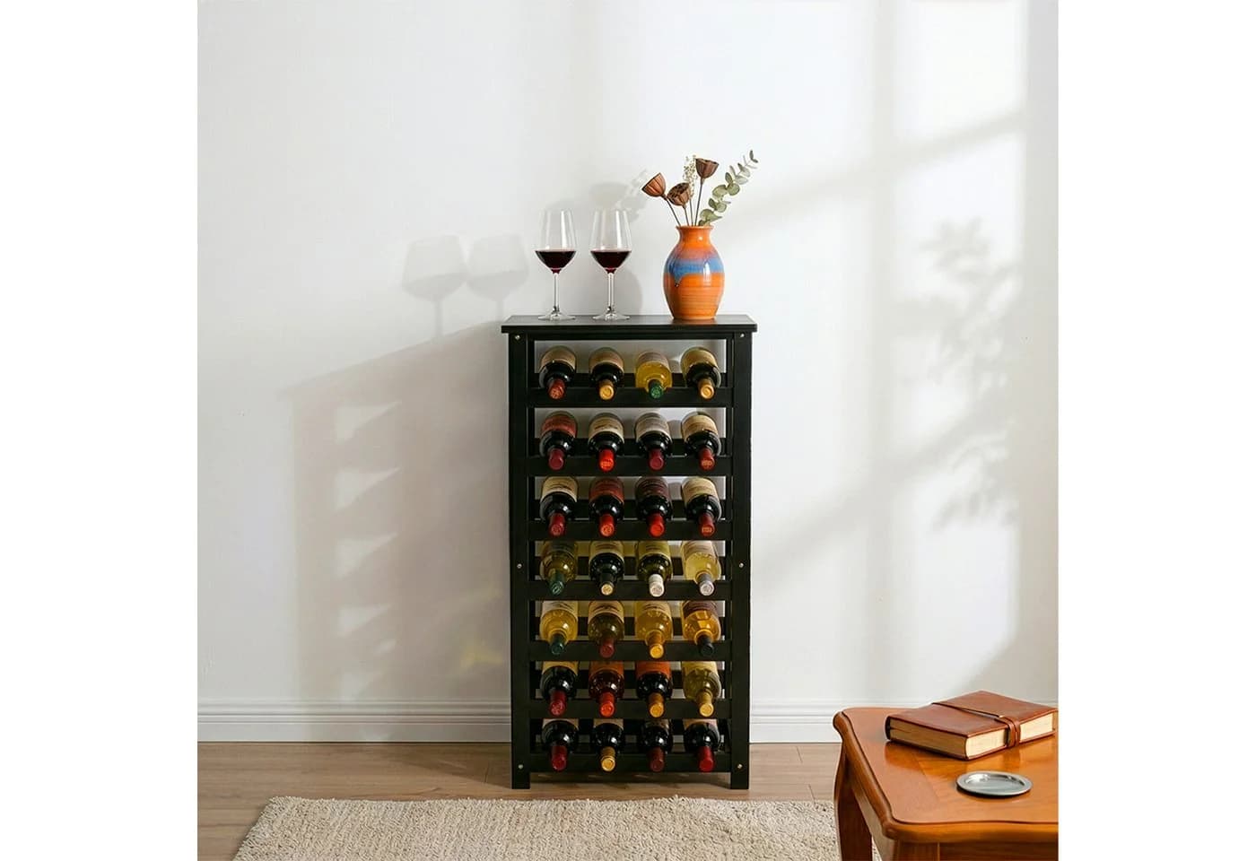 relaxdays Weinregal Walnussholz 28 Flaschen Schwarz