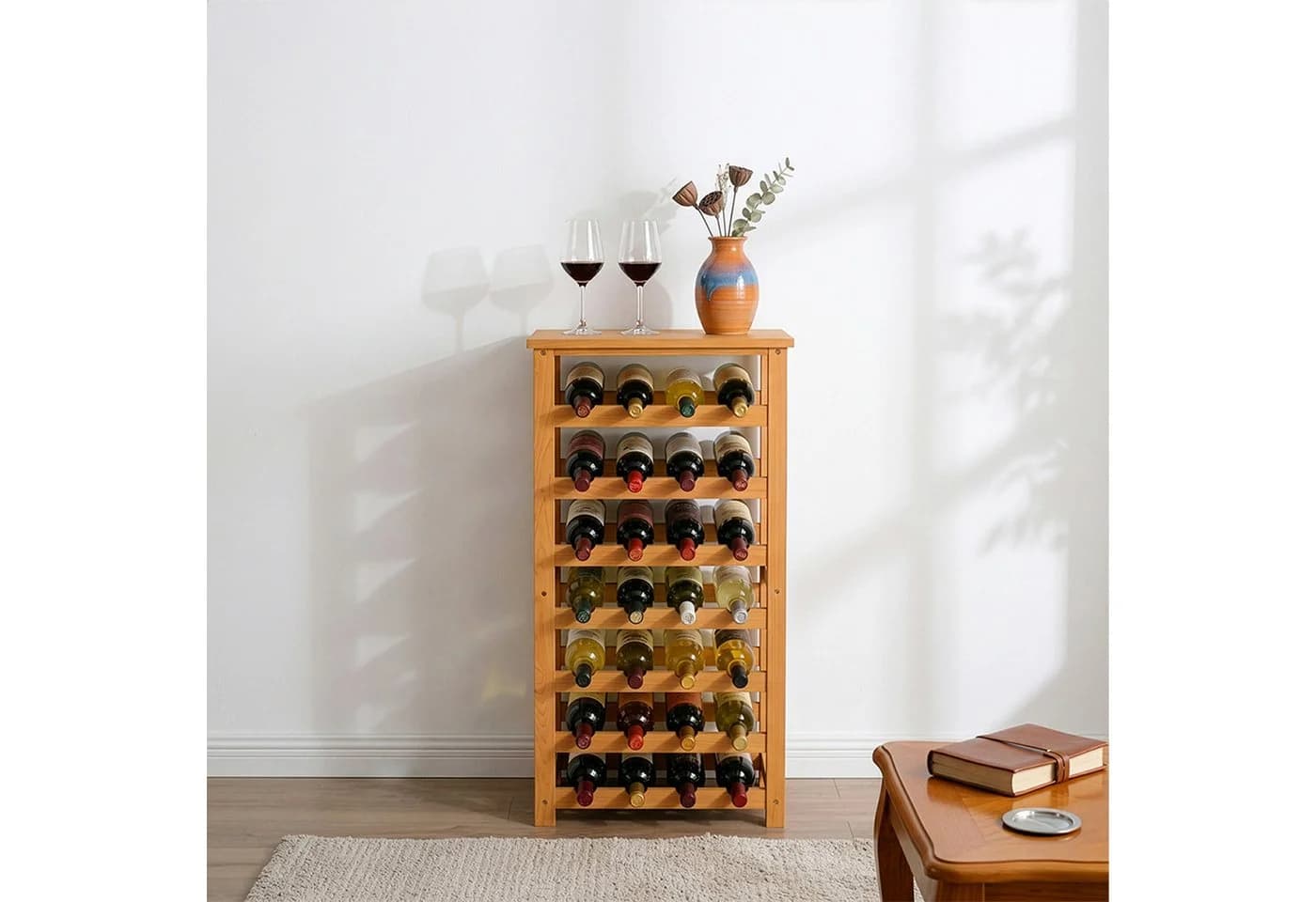 relaxdays Weinregal Walnussholz 28 Flasche Braun