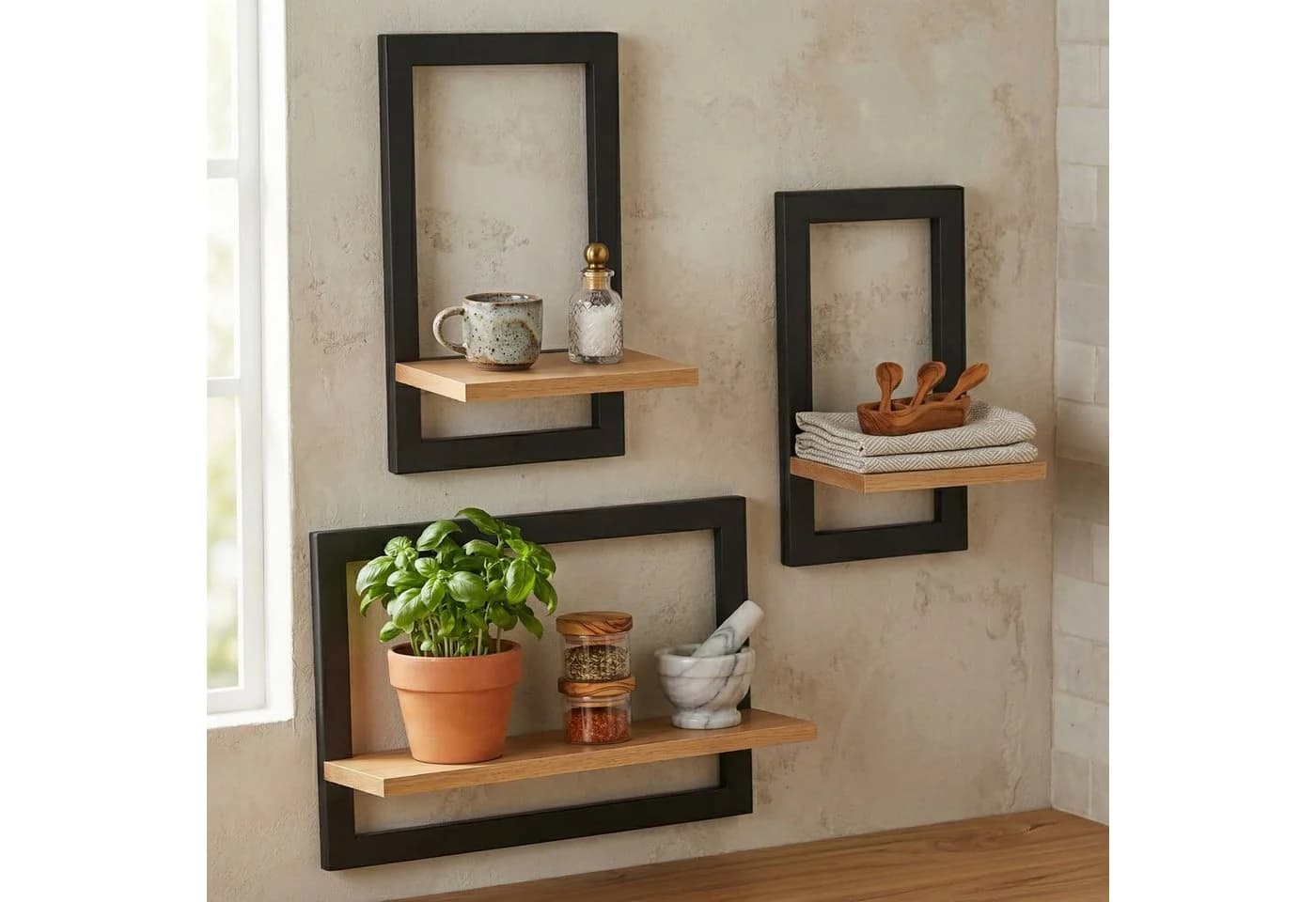 relaxdays Deko-Wandregal 3er Set Natur/Schwarz
