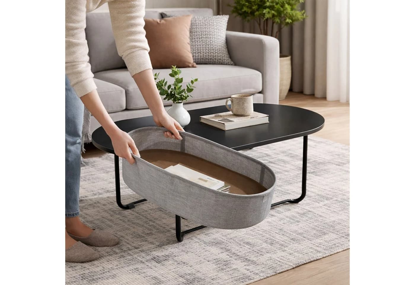 relaxdays Couchtisch Ovaler Couchtisch mit Stauraum Schwarz-Dunkelgrau - Bild 5