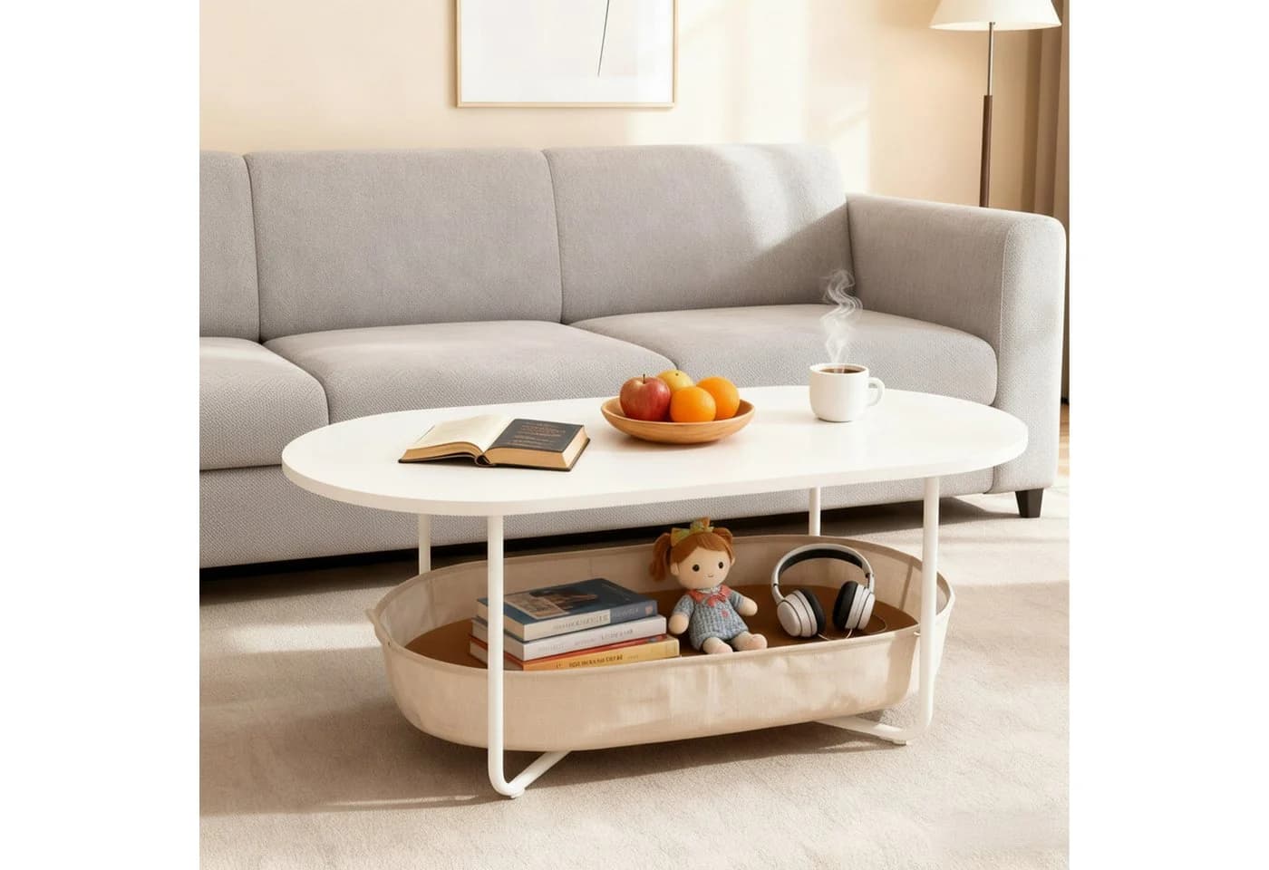 relaxdays Ovaler Couchtisch Weiß-Beige mit Stauraum