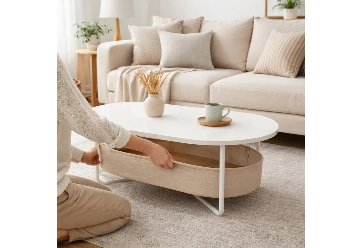 relaxdays Ovaler Couchtisch Weiß-Beige mit Stauraum - Bild 5