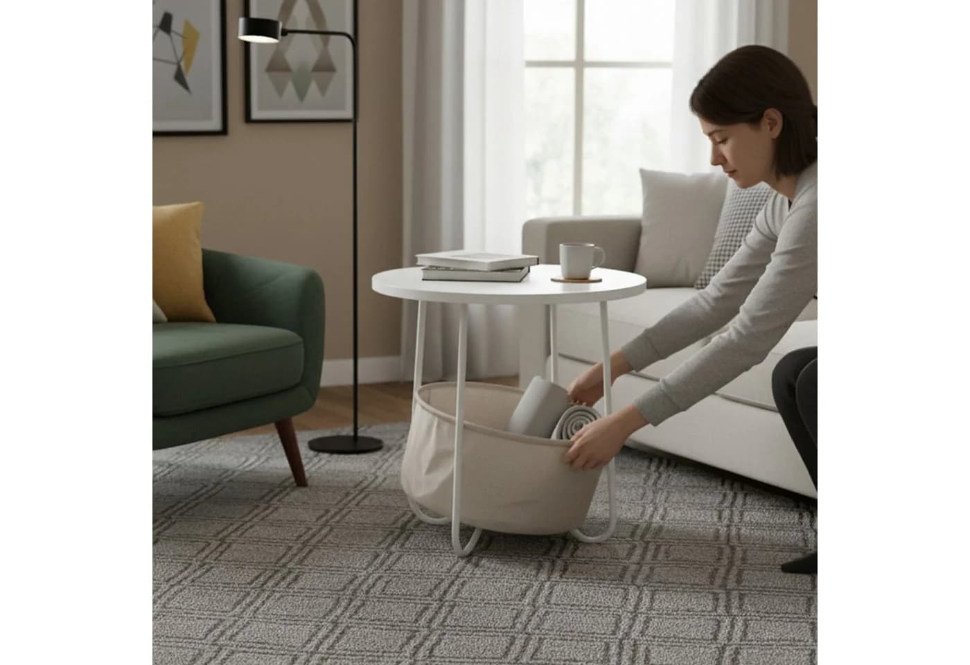 RELAXDAYS Beistelltisch Rund mit Korb Weiß-Beige - Bild 5